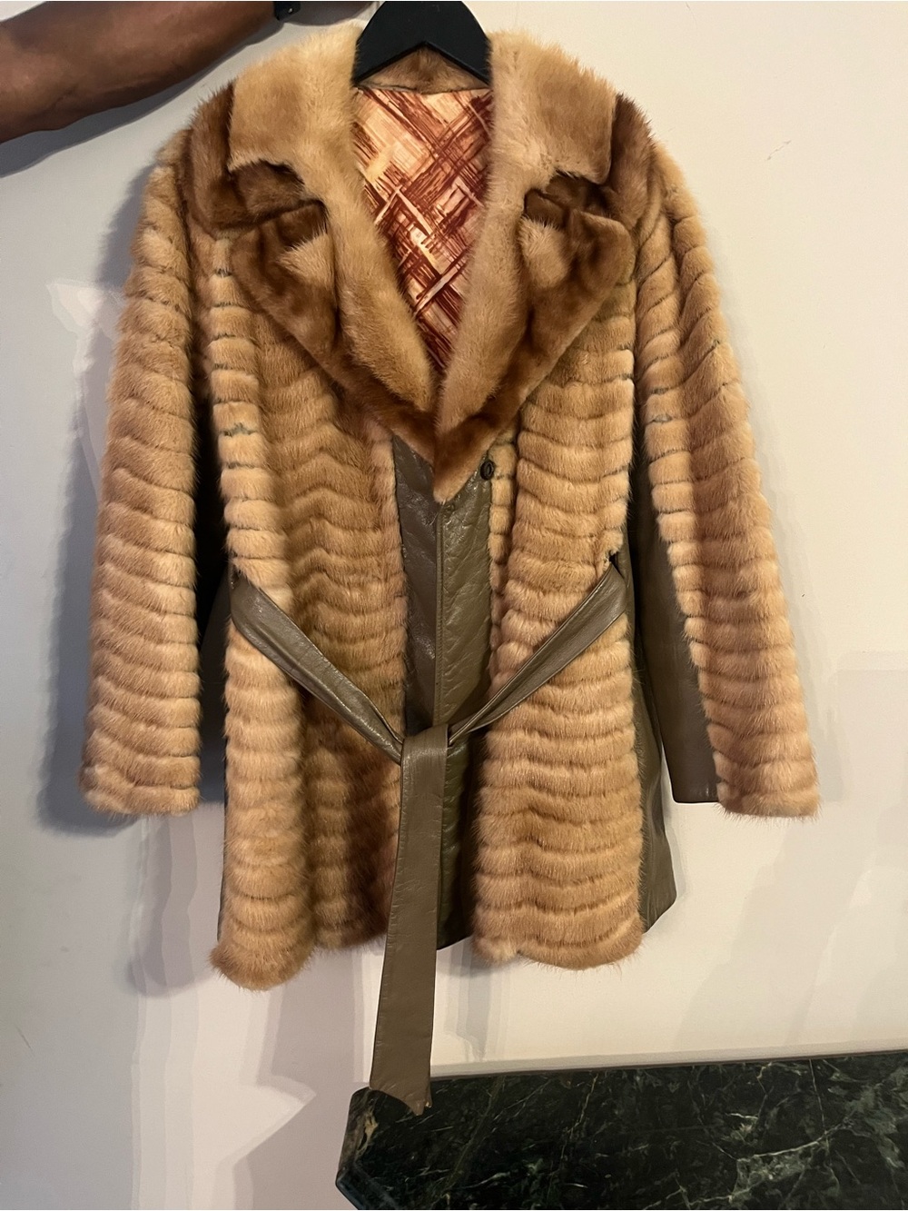 Classic Tan Sheared Fur Trench Coat with Leather Trim